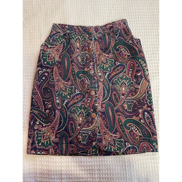 VTG RoughRider by Circle T Purple Paisley Button Up Denim Mini Skirt Size 2 - Picture 4 of 7